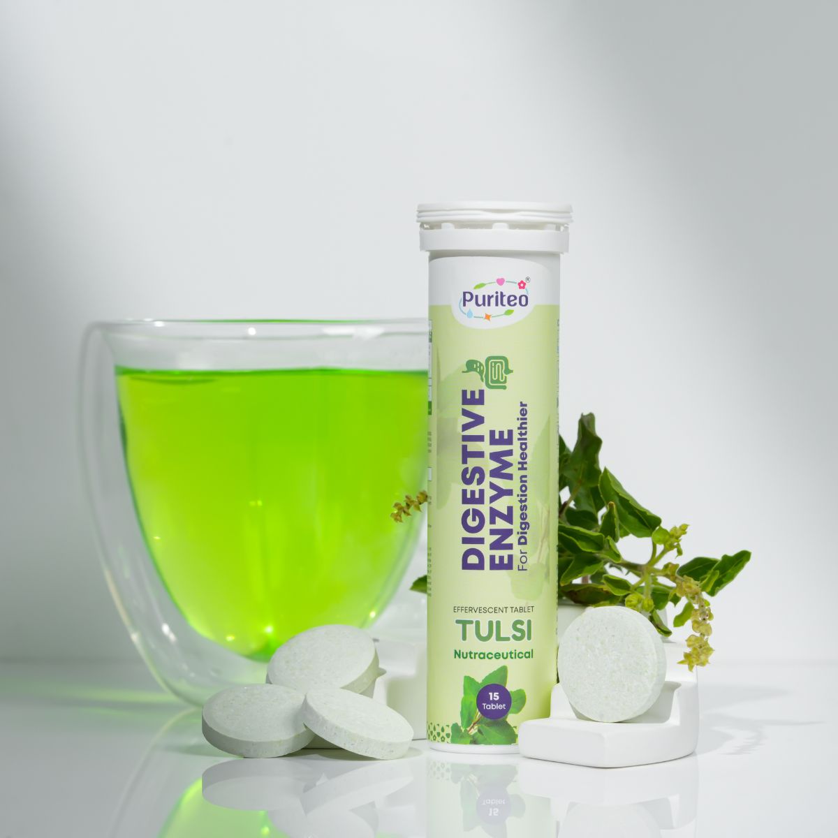 Digestive Enzyme Effervescent – Holy Basil & Green Lemon | 30 Tabs | Digestion & Gut Health Support