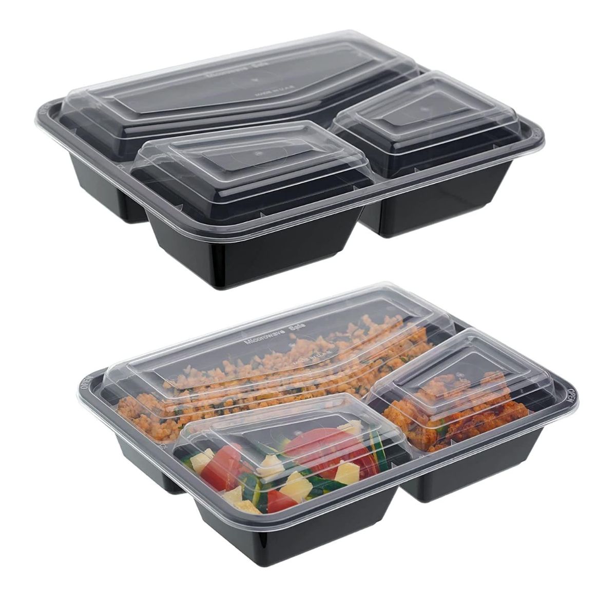 Pack of 150 Black 3-Compartment Square Food Containers with Clear Lids.