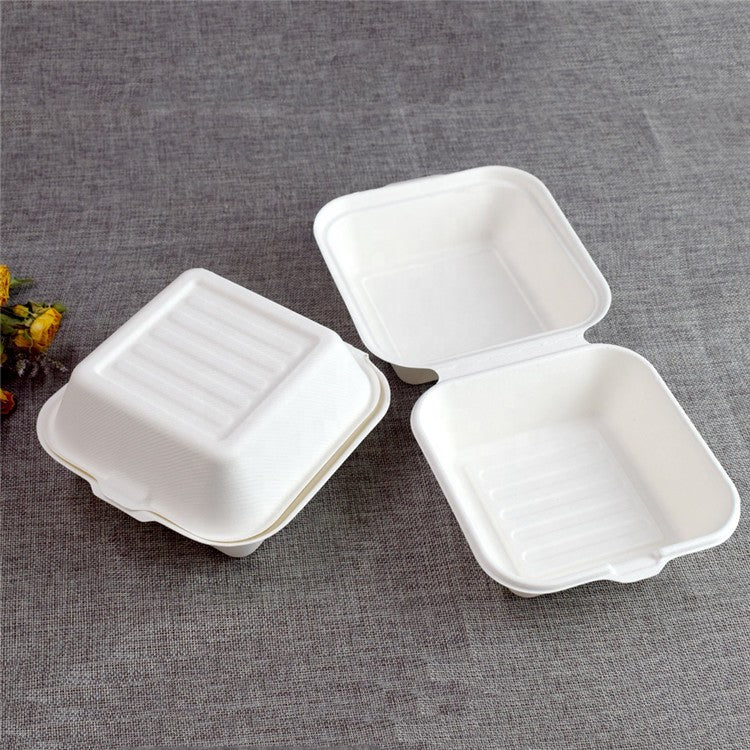 Bagasse Burger Box, 6 inch Square (152 x 152 x 78mm), Pack of 250pcs Biodegradable Takeaway Containers