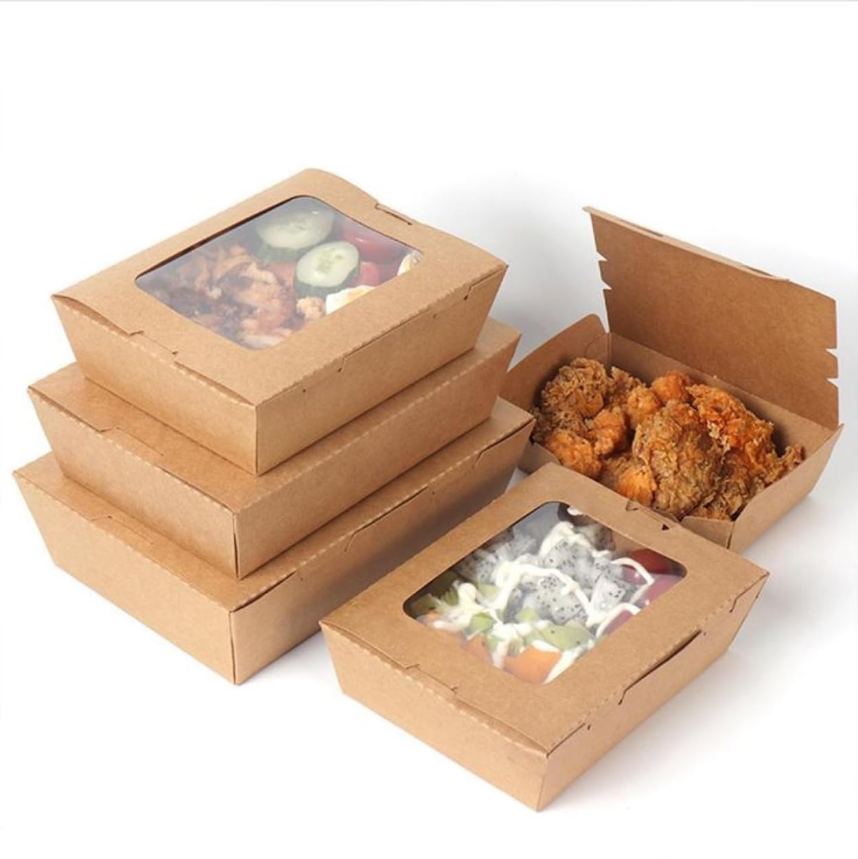 Pack of 200 Pack Kraft Paper Food Containers with Clear PET Window – Sizes: 500/700/900 & 1200ML.