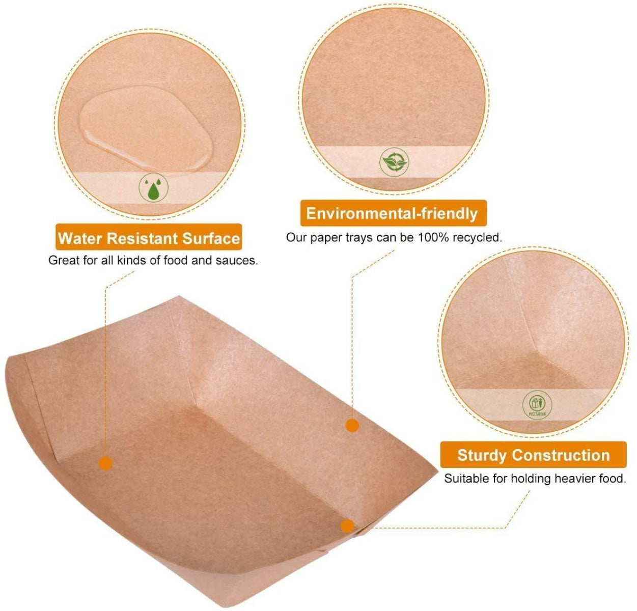 Pack of 500 Kraft Paper Boat Trays Small, Medium and Large Size Organic Coating Food Trays