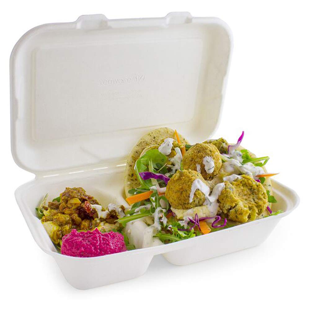 Pack of 250 Bagasse Takeaway Container 9.8 x 6 inch Two - Compartment Food Box, Biodegradable Meal Box