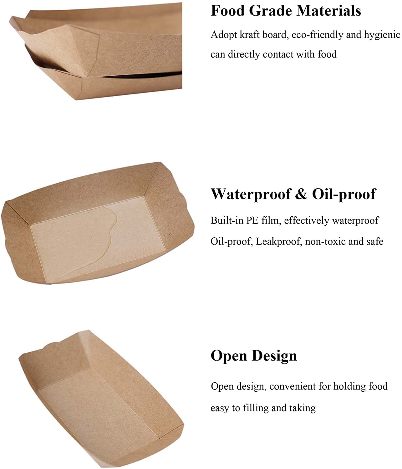 Pack of 500 Kraft Paper Boat Trays Small, Medium and Large Size Organic Coating Food Trays
