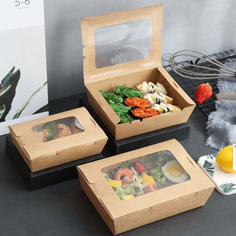 Pack of 200 Pack Kraft Paper Food Containers with Clear PET Window – Sizes: 500/700/900 & 1200ML.