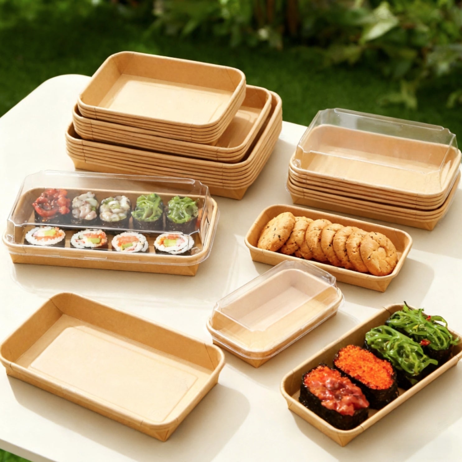 Kraft Paper Sushi Tray with Reusable Clear Lids (No.1, 2, 3, 5 and 7) | Leak-Resistant Takeaway Container for Bento Salads & Dessert Food Boxes