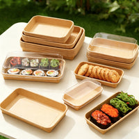 Kraft Paper Sushi Tray with Reusable Clear Lids (No.1, 2, 3, 5 and 7) | Leak-Resistant Takeaway Container for Bento Salads & Dessert Food Boxes