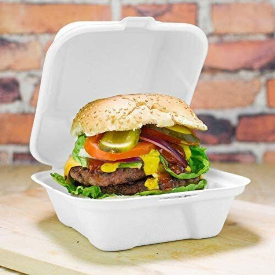 Bagasse Burger Box, 6 inch Square (152 x 152 x 78mm), Pack of 250pcs Biodegradable Takeaway Containers