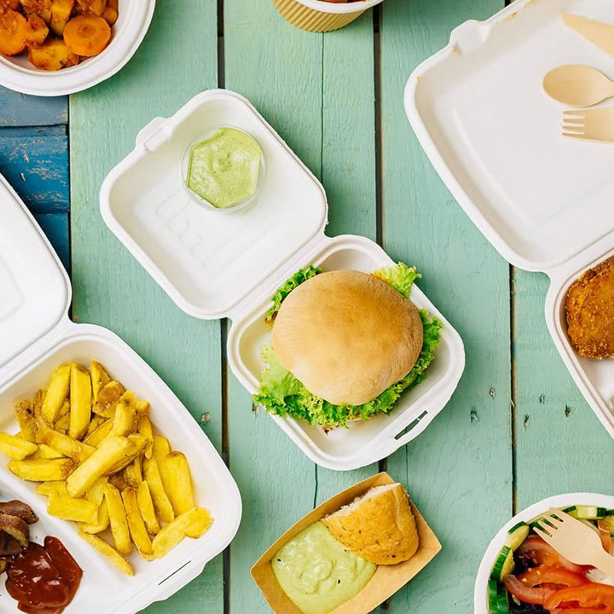 Bagasse Burger Box, 6 inch Square (152 x 152 x 78mm), Pack of 250pcs Biodegradable Takeaway Containers
