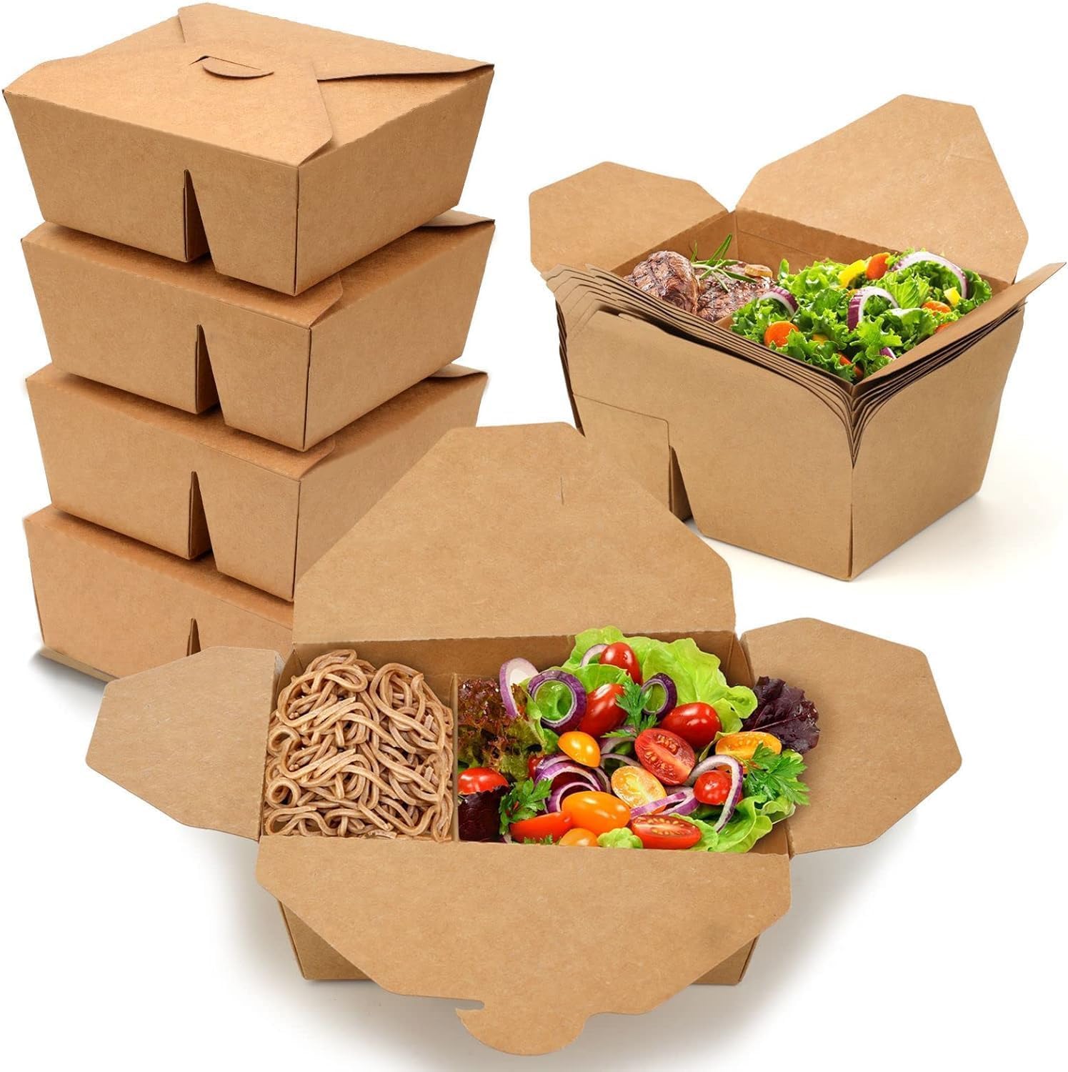 200 Pack of 2-Compartment Kraft Takeaway Food Boxes Leak-Proof Cardboard Snack Containers Biodegradable Disposable Food Containers 600ml / 900ml / 1200ml