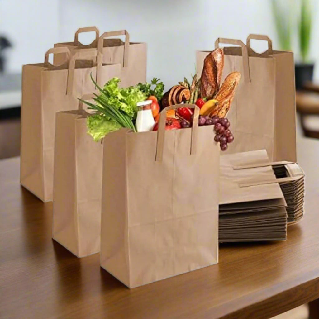 Pack of 250 Kraft Paper Bags with Flat Handles  Brown & White Colors Sizes : Small, Medium, Large, XL