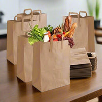 Pack of 250 Kraft Paper Bags with Flat Handles  Brown & White Colors Sizes : Small, Medium, Large, XL