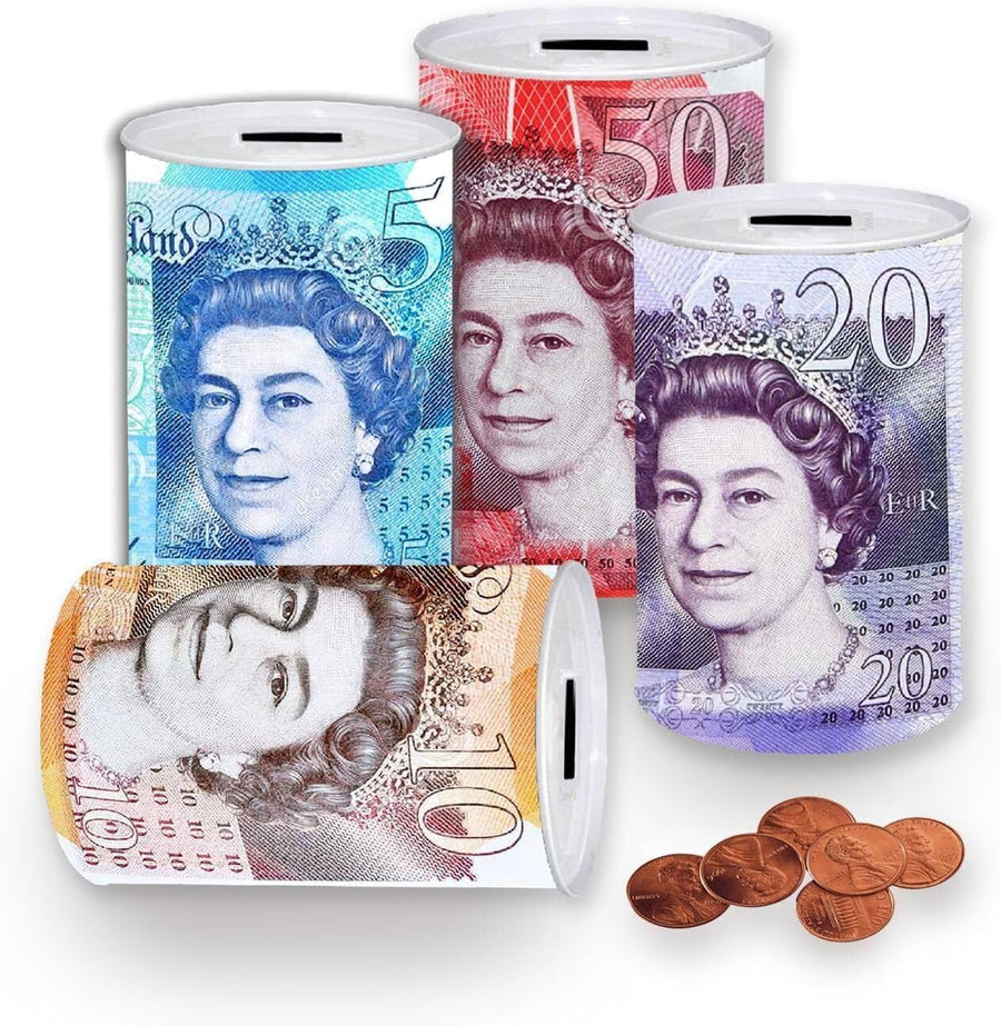 HOT BARGAINS 2 X Sterling Money Tin 16cm X 12cm Piggy Bank Savings Money Tin, Cash & Coin Tin with Assorted Colour (Pack of 2)