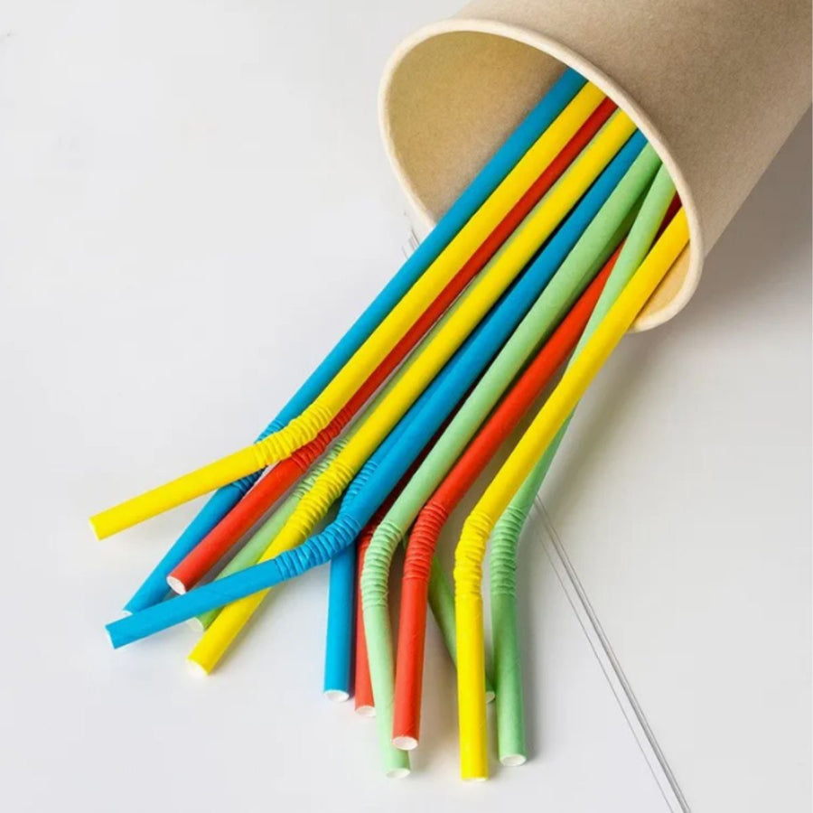 Multicolour Flexible Paper Drinking Straws – Individually Wrapped, U-Shaped, 21cm Long & 6mm Diameter