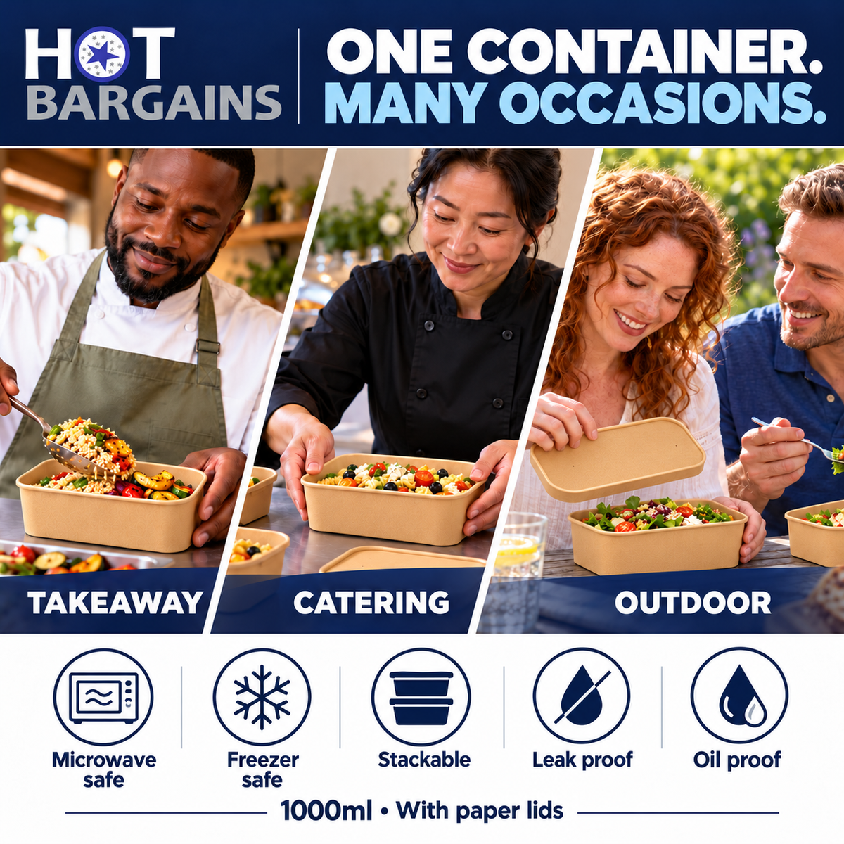 Hot Bargains — 150 x 1000ml Kraft Rectangular Container + Paper Lids — photo 7