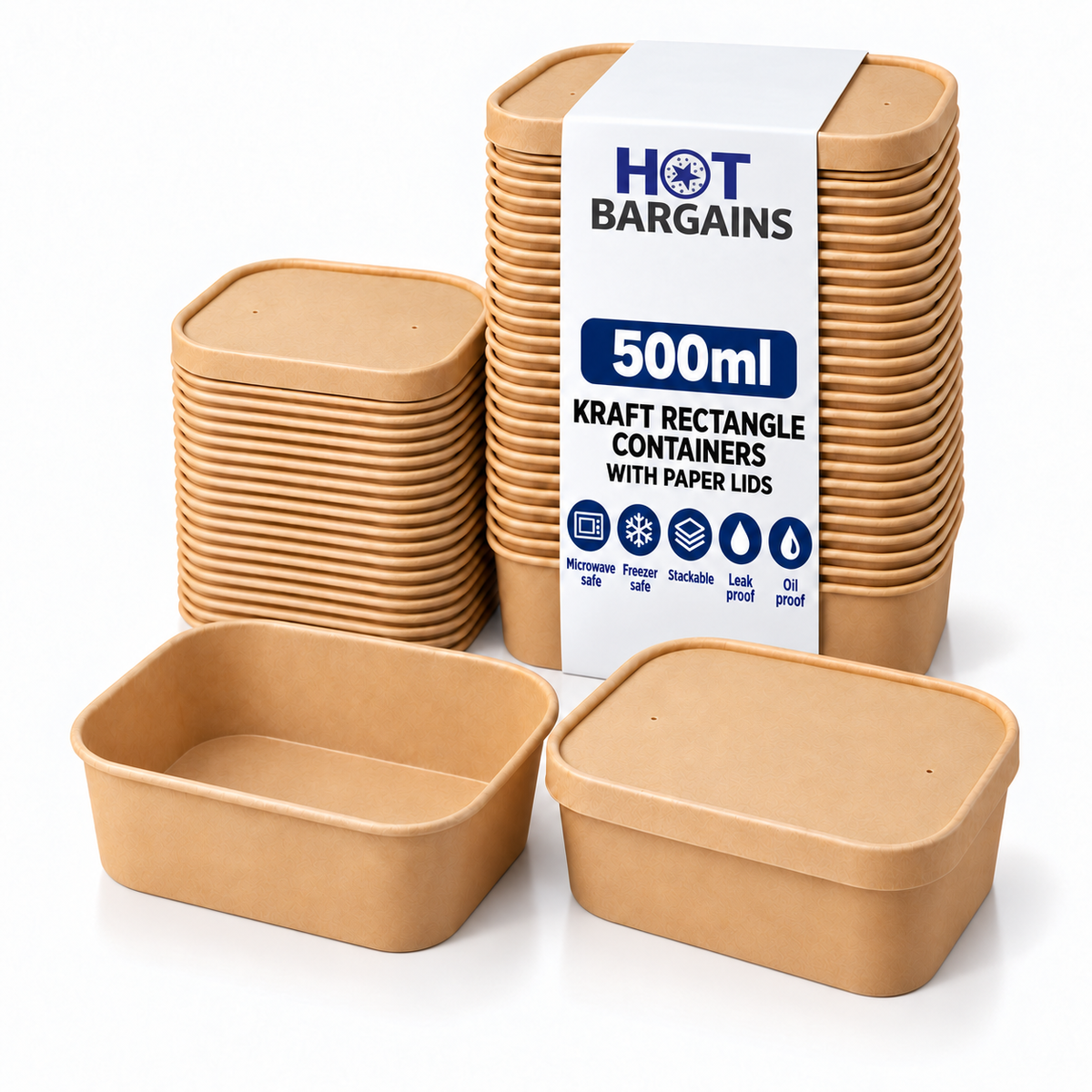 Hot Bargains — 150 x 500ml Kraft Rectangular Container + Paper Lids