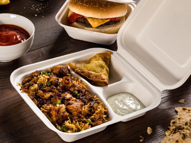 200 Pack Bagasse Meal Box, 9 x 9 inch Three Compartments (3-CP), Biodegradable Clamshell Containers