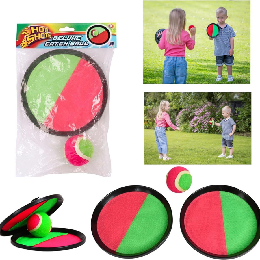 2 X Hot Shots Deluxe Catch Ball Set (4 Players) Includes 4 Sticky Ball Catching Paddles with Adjustable Velcro Strap & 2 Tennis Ball in Bright Colors for Outdoor Game and Gift