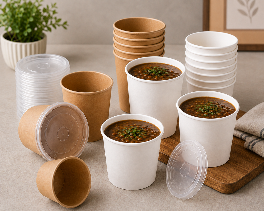 Pack of 250 Brown Kraft Soup Containers with PP Lids Size 8oz/ 12oz and 16oz
