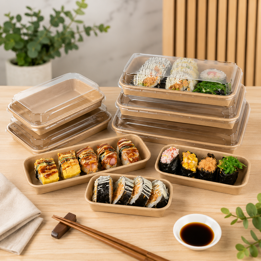 Kraft Paper Sushi Tray with Reusable Clear Lids (No.1, 2, 3, 5 and 7) | Leak-Resistant Takeaway Container for Bento Salads & Dessert Food Boxes