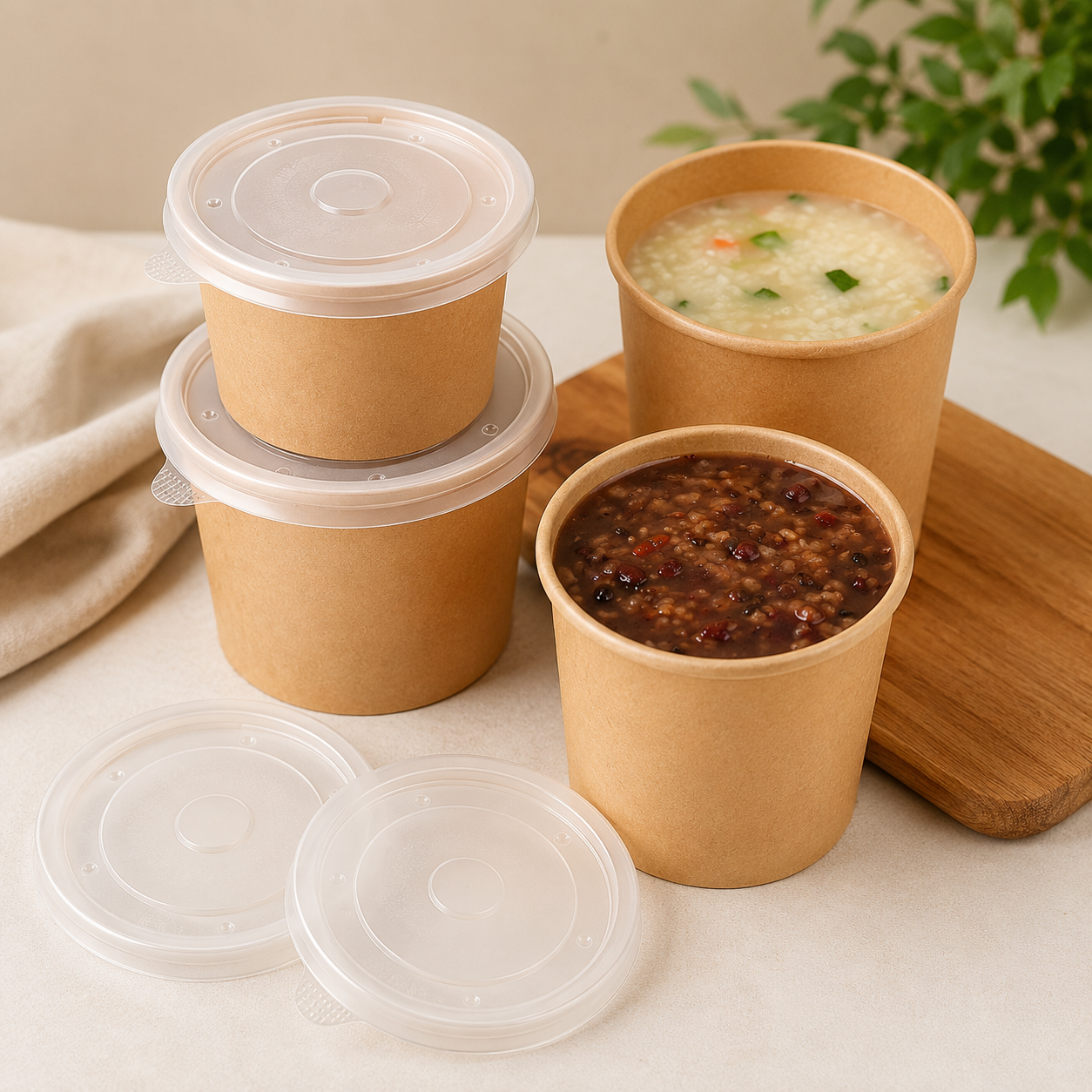 Pack of 250 Brown Kraft Soup Containers with PP Lids Size 8oz/ 12oz and 16oz