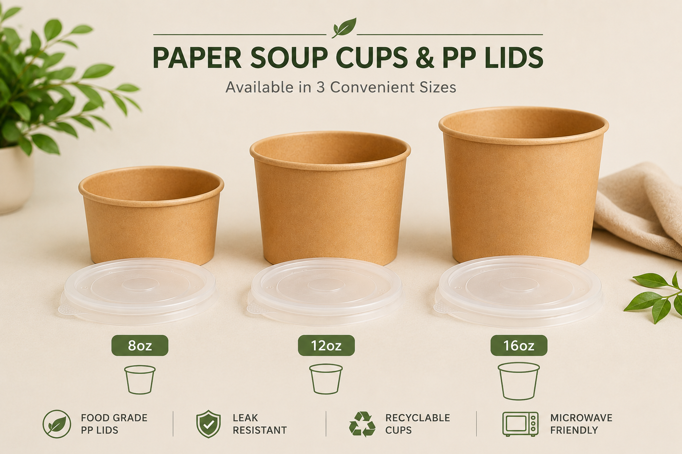 Pack of 250 Brown Kraft Soup Containers with PP Lids Size 8oz/ 12oz and 16oz