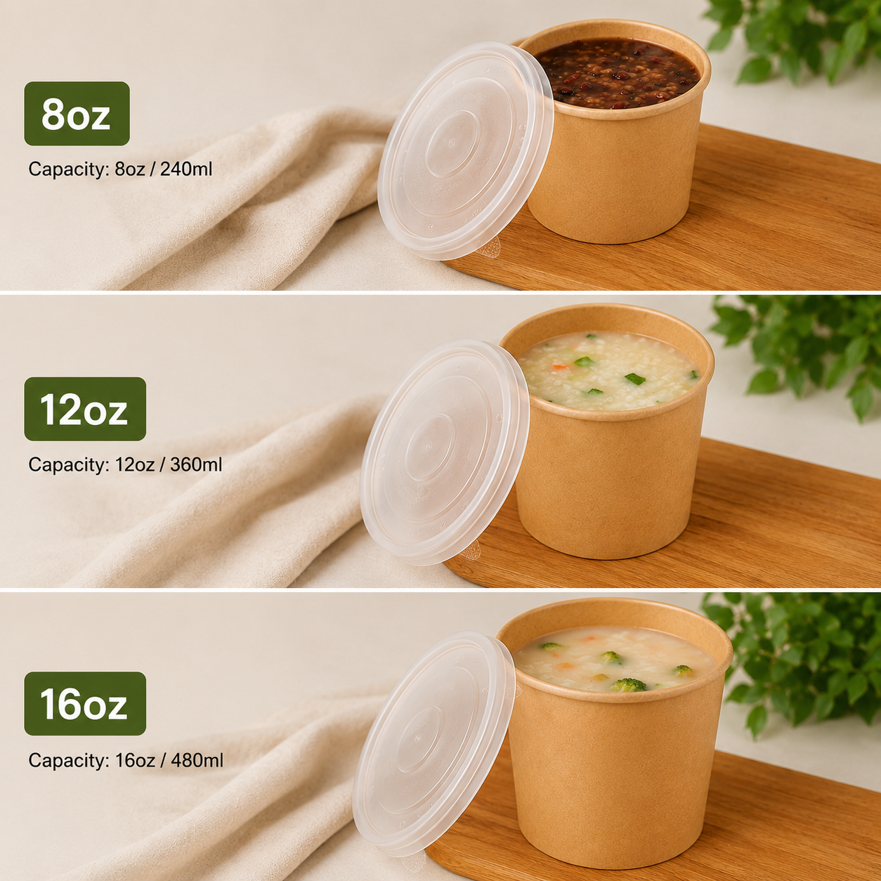 Pack of 250 Brown Kraft Soup Containers with PP Lids Size 8oz/ 12oz and 16oz