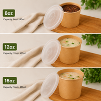 Pack of 250 Brown Kraft Soup Containers with PP Lids Size 8oz/ 12oz and 16oz