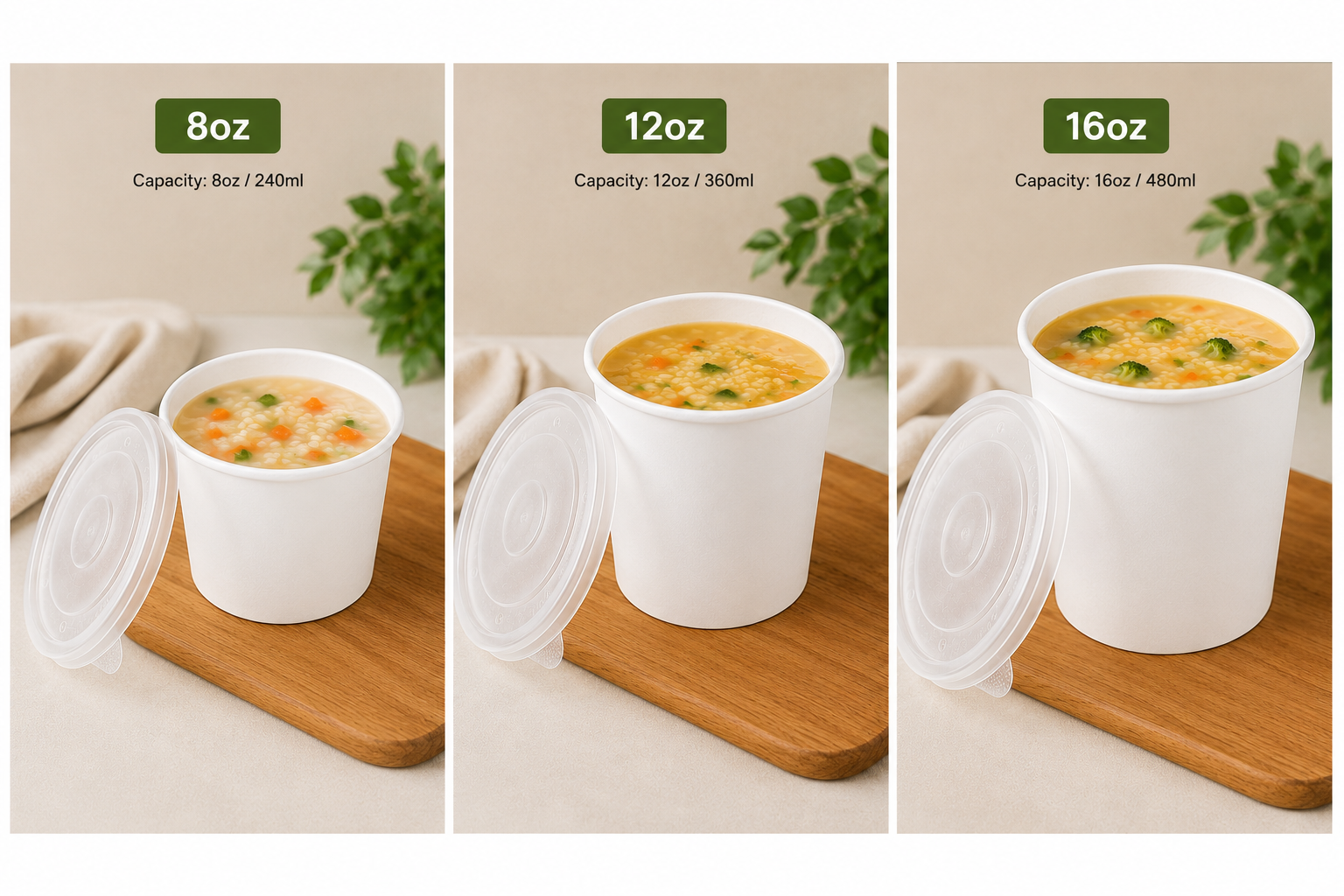Pack of 250 Brown Kraft Soup Containers with PP Lids Size 8oz/ 12oz and 16oz