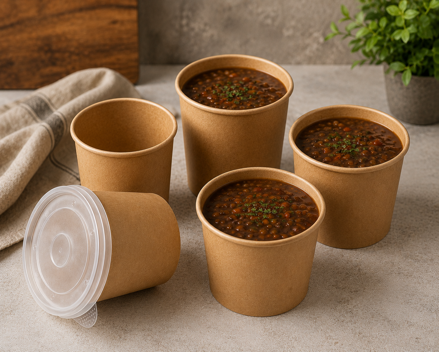 Pack of 250 Brown Kraft Soup Containers with PP Lids Size 8oz/ 12oz and 16oz