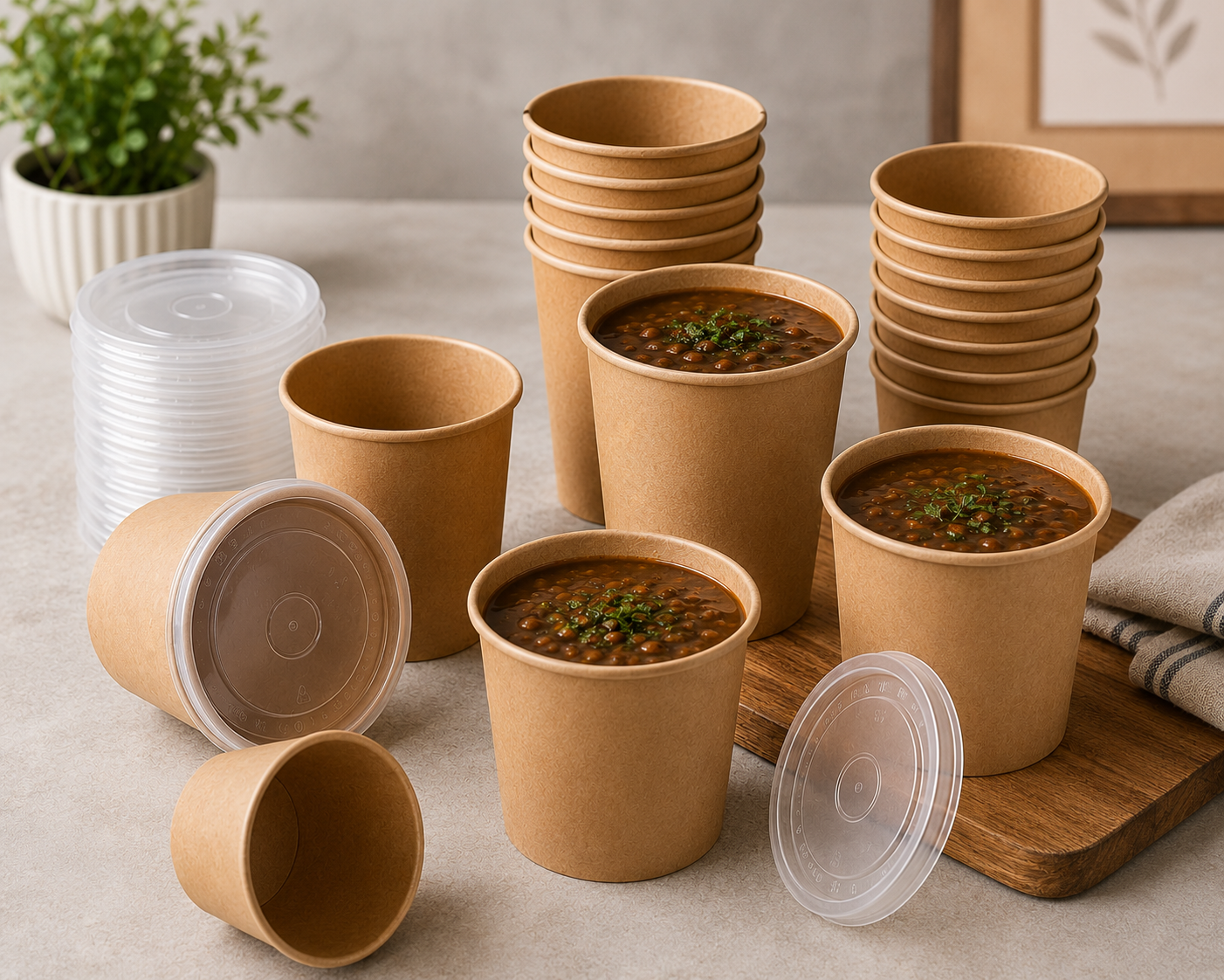 Pack of 250 Brown Kraft Soup Containers with PP Lids Size 8oz/ 12oz and 16oz
