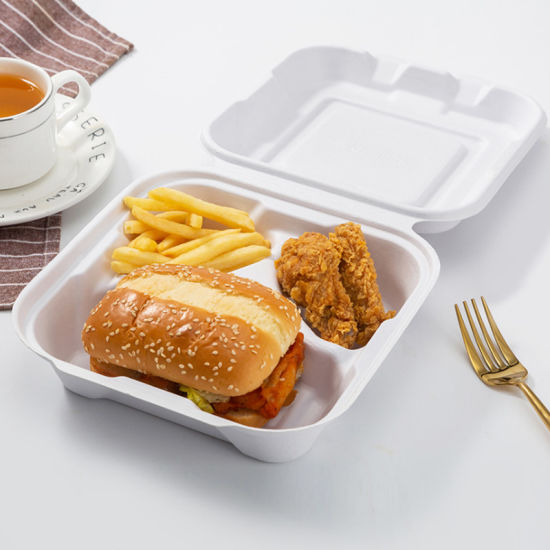200 Pack Bagasse Meal Box, 9 x 9 inch Three Compartments (3-CP), Biodegradable Clamshell Containers