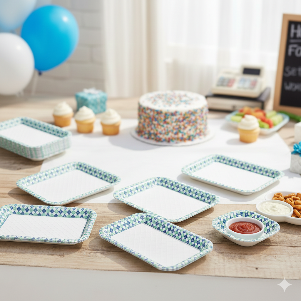 Disposable Blue-Green Diamond Printed Paper Trays & Bowls