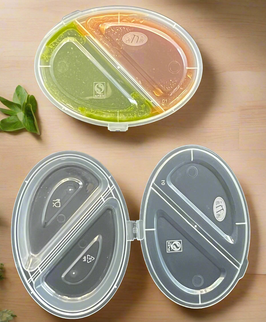 Pack of 1000 - 2 Compartment Round Sauce Containers with Hinged Lids 90ml (3oz).