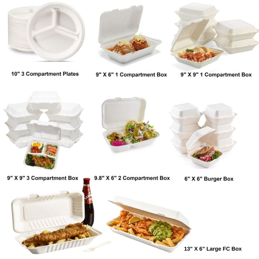 Disposable Bagasse Tableware – Biodegradable Clamshells, Burger Boxes, and Plates.