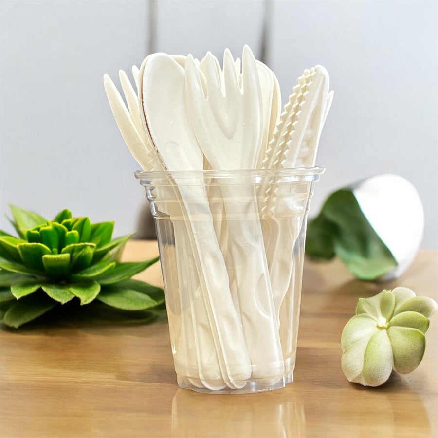 White Biodegradable Bagasse Cutlery Set – Spoons, Knives & Forks for Catering