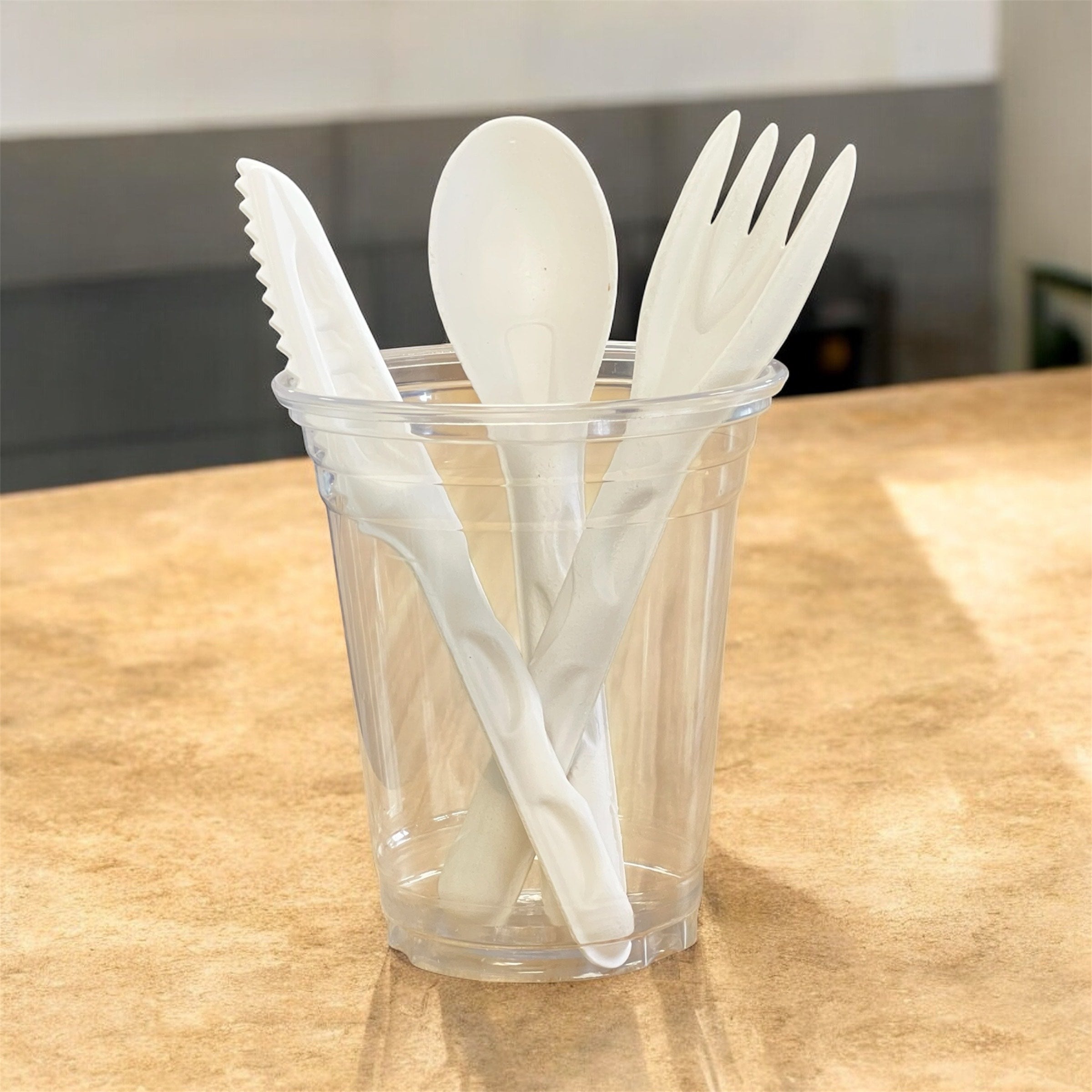 White Biodegradable Bagasse Cutlery Set – Spoons, Knives & Forks for Catering