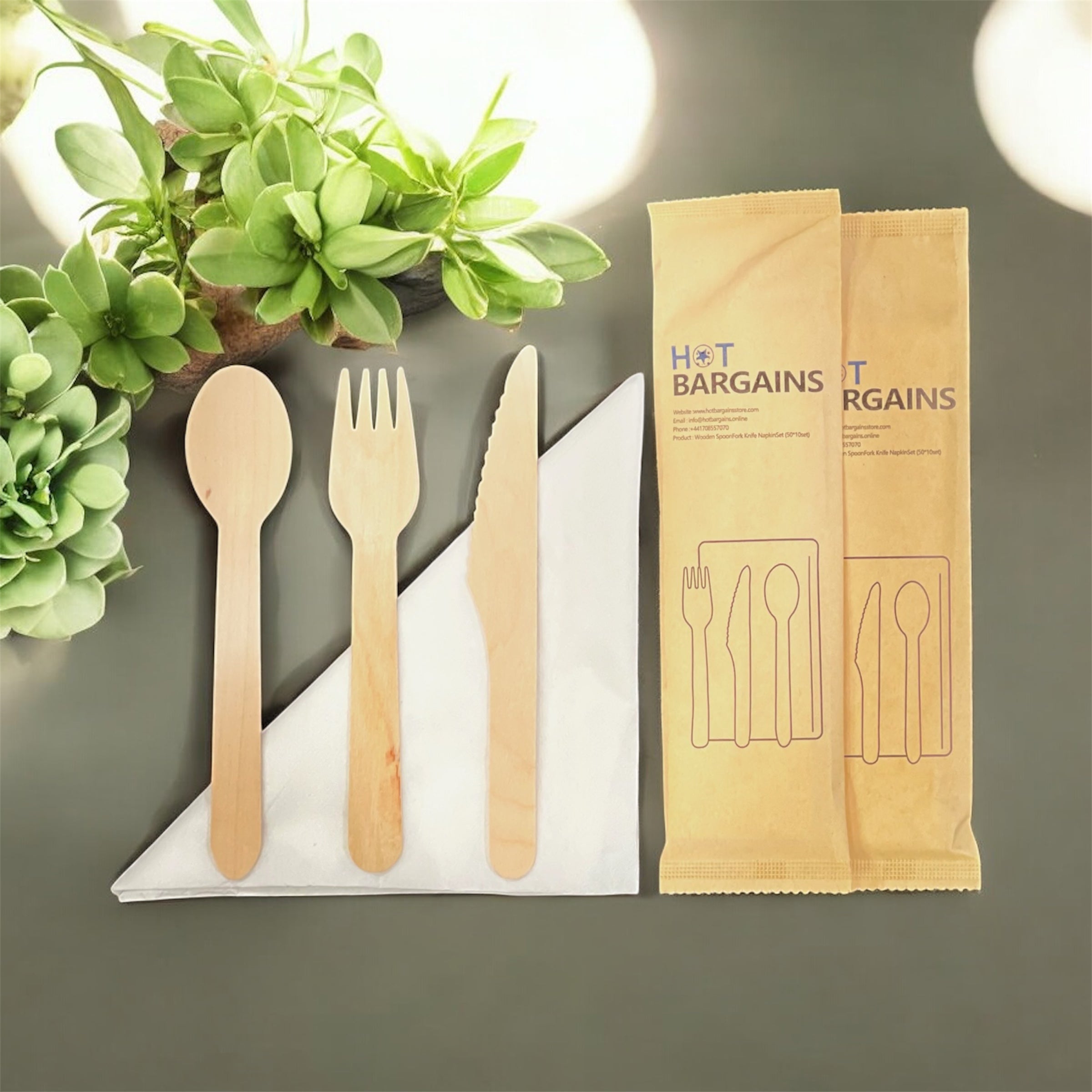 Pack of 500 Wooden Cutlery Sets – Fork, Spoon, Knife & 2-Ply Napkin
