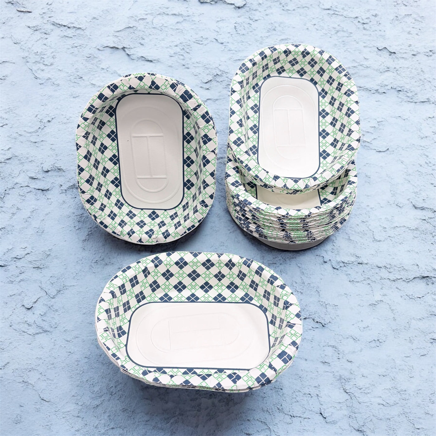 Disposable Blue-Green Diamond Printed Paper Trays & Bowls