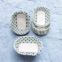 Disposable Blue-Green Diamond Printed Paper Trays & Bowls