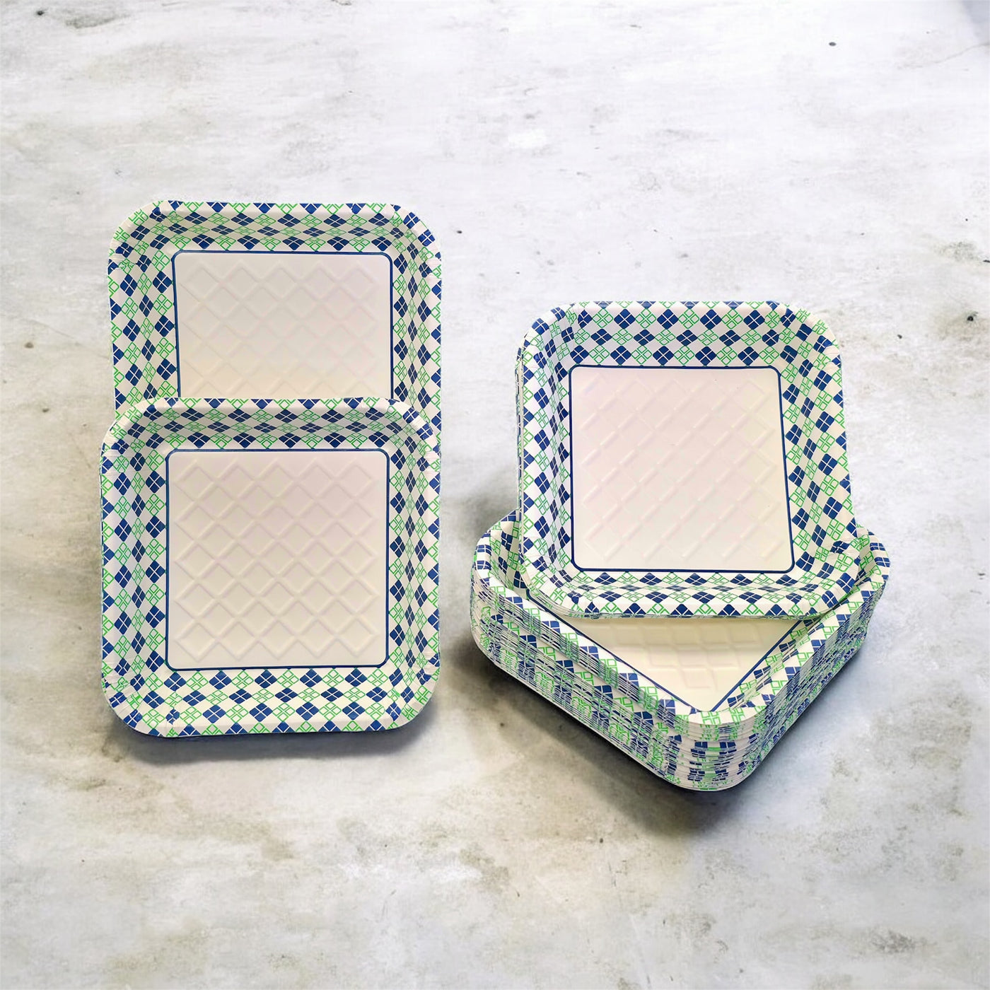 Disposable Blue-Green Diamond Printed Paper Trays & Bowls