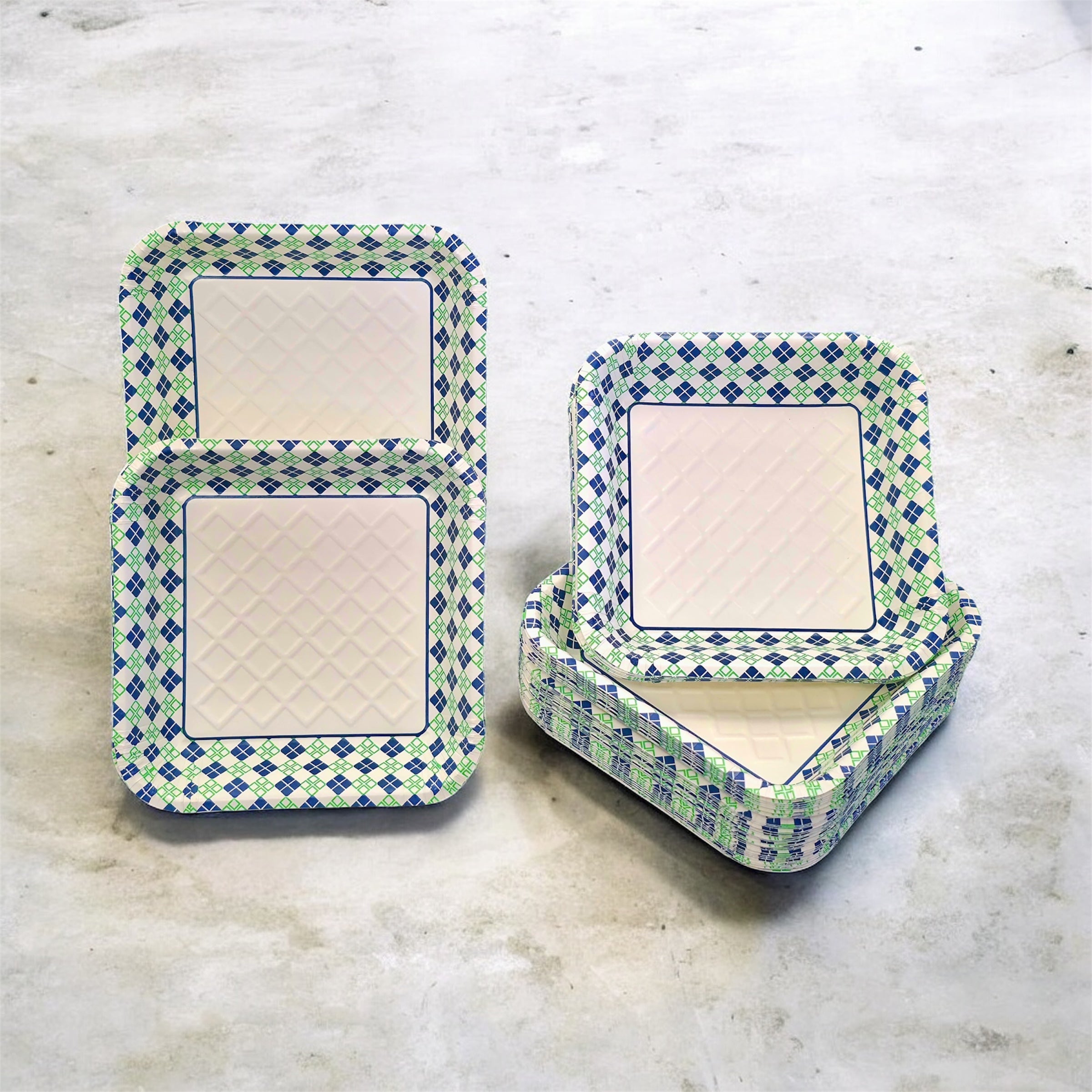 Disposable Blue-Green Diamond Printed Paper Trays & Bowls