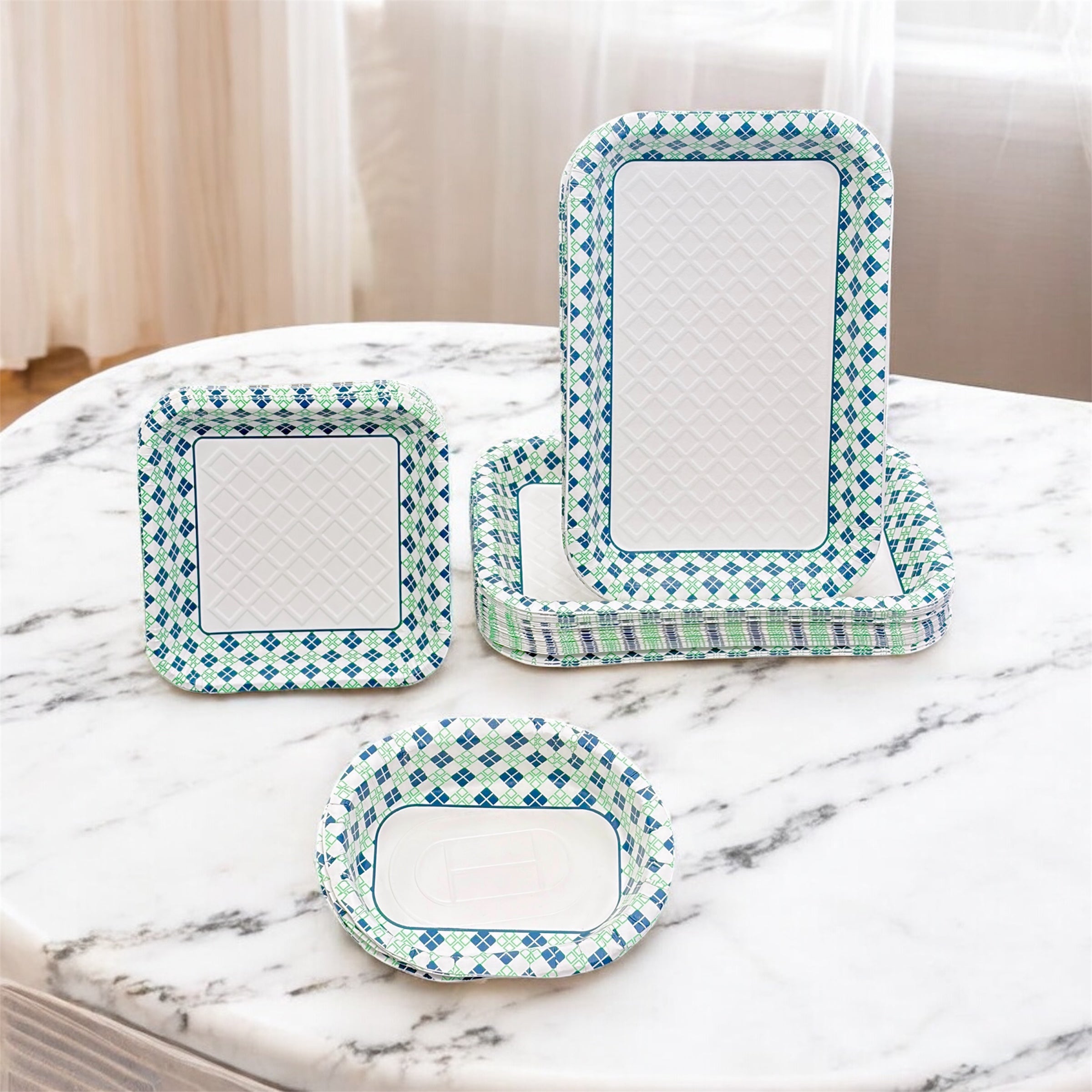 Disposable Blue-Green Diamond Printed Paper Trays & Bowls