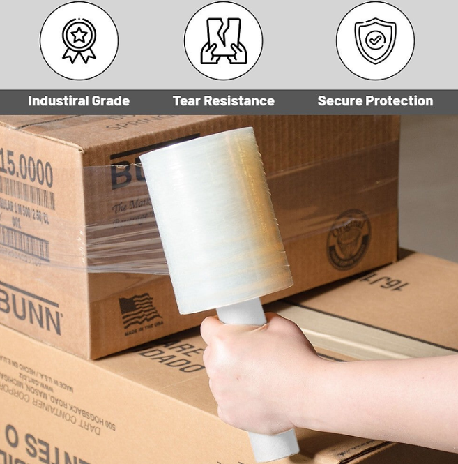 Pack of 20 Mini Clear and Black Stretch Wrap Roll 100mm x 300m x 18 Micron – Strong Pallet Shrink Wrap for Moving, Storage, Shipping, Bundling & Small Item Wrapping