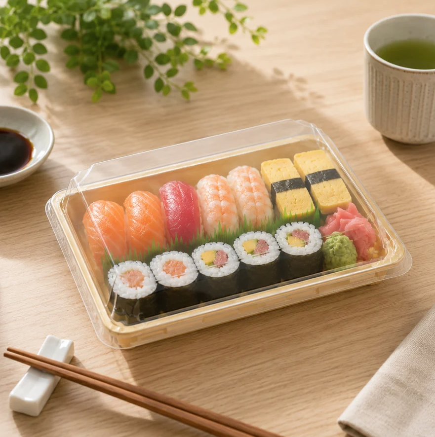 400pcs Kraft Paper Sushi Tray with Reusable Clear Lids (No.1, 2, 3, 5 and 7) | Leak-Resistant Takeaway Container for Bento Salads & Dessert Food Boxes