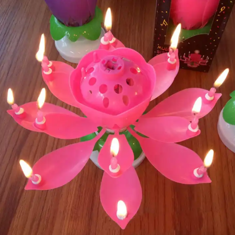 Musical Lotus Flower Birthday Candle – Rotating Candle with Music & Petal Opening