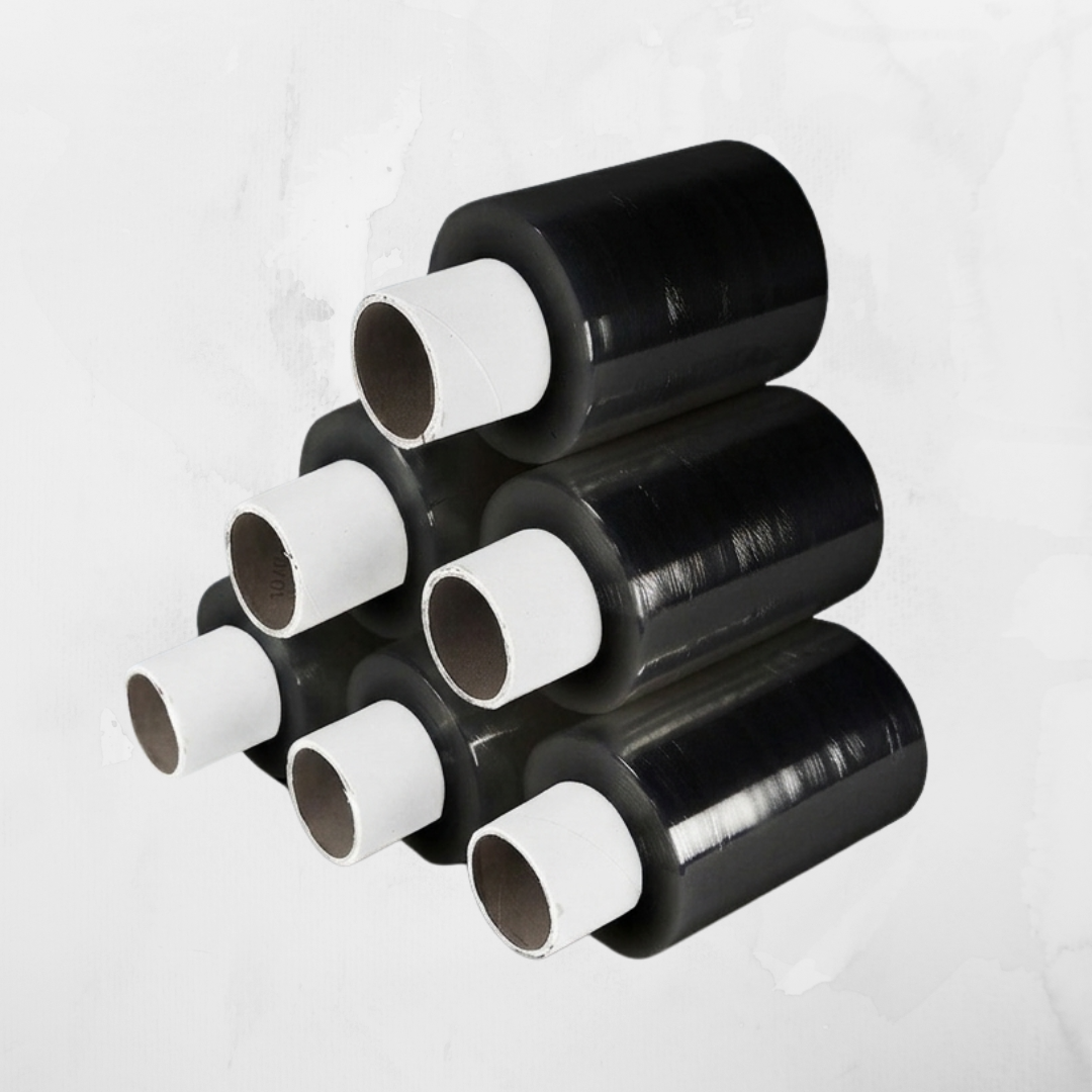 Pack of 20 Mini Clear and Black Stretch Wrap Roll 100mm x 300m x 18 Micron – Strong Pallet Shrink Wrap for Moving, Storage, Shipping, Bundling & Small Item Wrapping