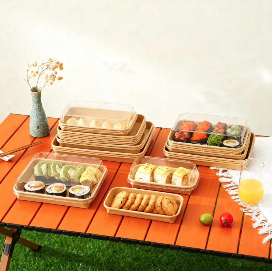 400pcs Kraft Paper Sushi Tray with Reusable Clear Lids (No.1, 2, 3, 5 and 7) | Leak-Resistant Takeaway Container for Bento Salads & Dessert Food Boxes