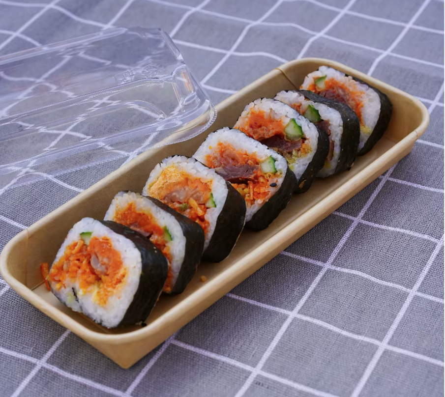 Kraft Paper Sushi Tray with Reusable Clear Lids (No.1, 2, 3, 5 and 7) | Leak-Resistant Takeaway Container for Bento Salads & Dessert Food Boxes