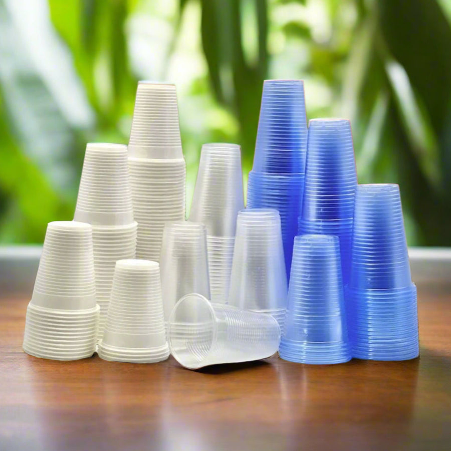 7oz Plastic Water Cups in Different Colours - Clear, White & Blue. - Pack of 1000 / 3000