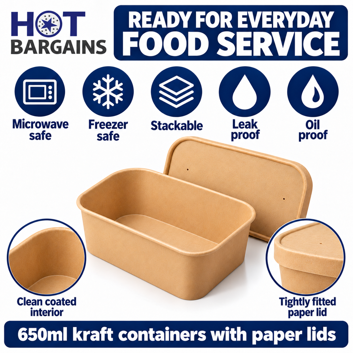 Hot Bargains — 150 x 650ml Kraft Rectangular Container + Paper Lids — photo 3
